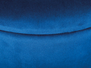 Pouf contenitore rotondo, in velluto blu e struttura in metallo verniciato oro, cm 41x41x38