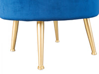 Pouf contenitore rotondo, in velluto blu e struttura in metallo verniciato oro, cm 41x41x38
