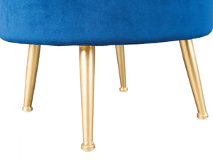 Pouf contenitore rotondo, in velluto blu e struttura in metallo verniciato oro, cm 41x41x38