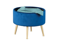 Pouf contenitore rotondo, in velluto blu e struttura in metallo verniciato oro, cm 41x41x38