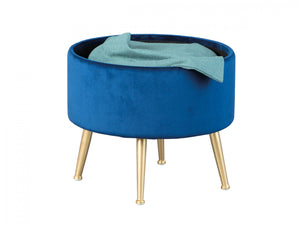 Pouf contenitore rotondo, in velluto blu e struttura in metallo verniciato oro, cm 41x41x38