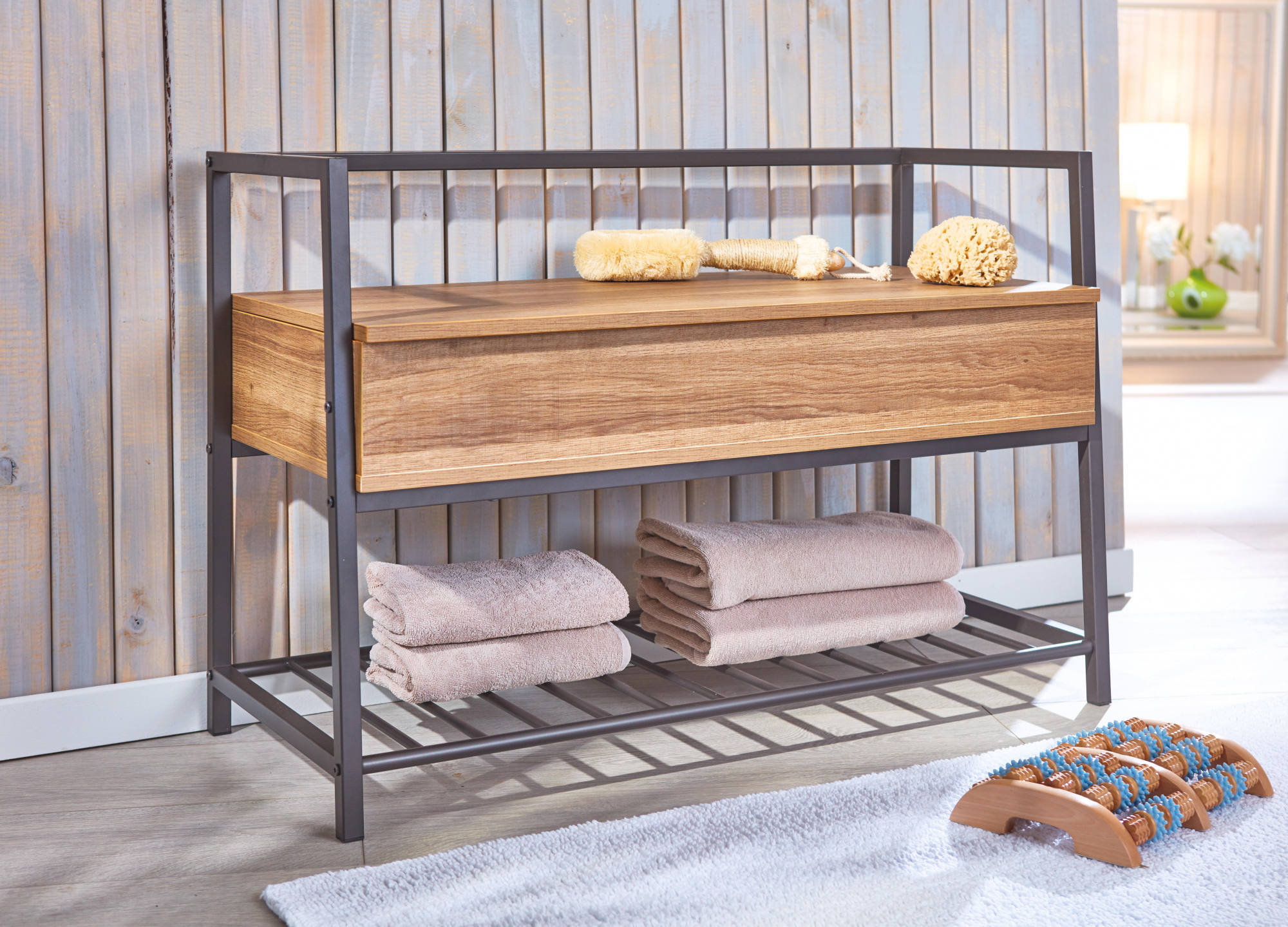 Scarpiera con contenitore e Dpierc, in metallo nero e nobilitato color quercia, cm 90x39x61