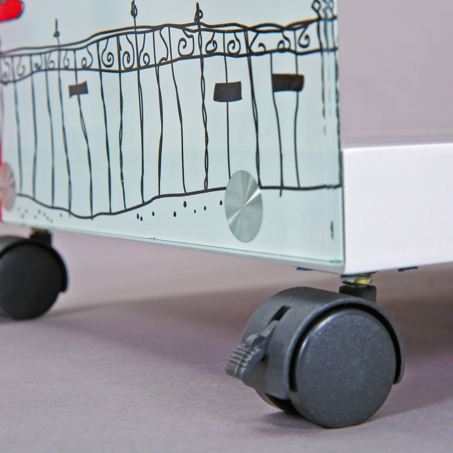 Tavolino-comodino con Dpavo, in legno bianco con fantasia Londra, cm 38x33.5x46