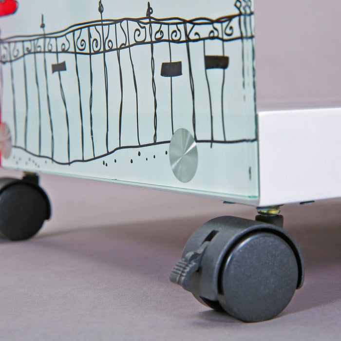 Tavolino-comodino con Dpavo, in legno bianco con fantasia Londra, cm 38x33.5x46