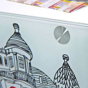 Tavolino-comodino con Dpavo, in legno bianco con fantasia Londra, cm 38x33.5x46