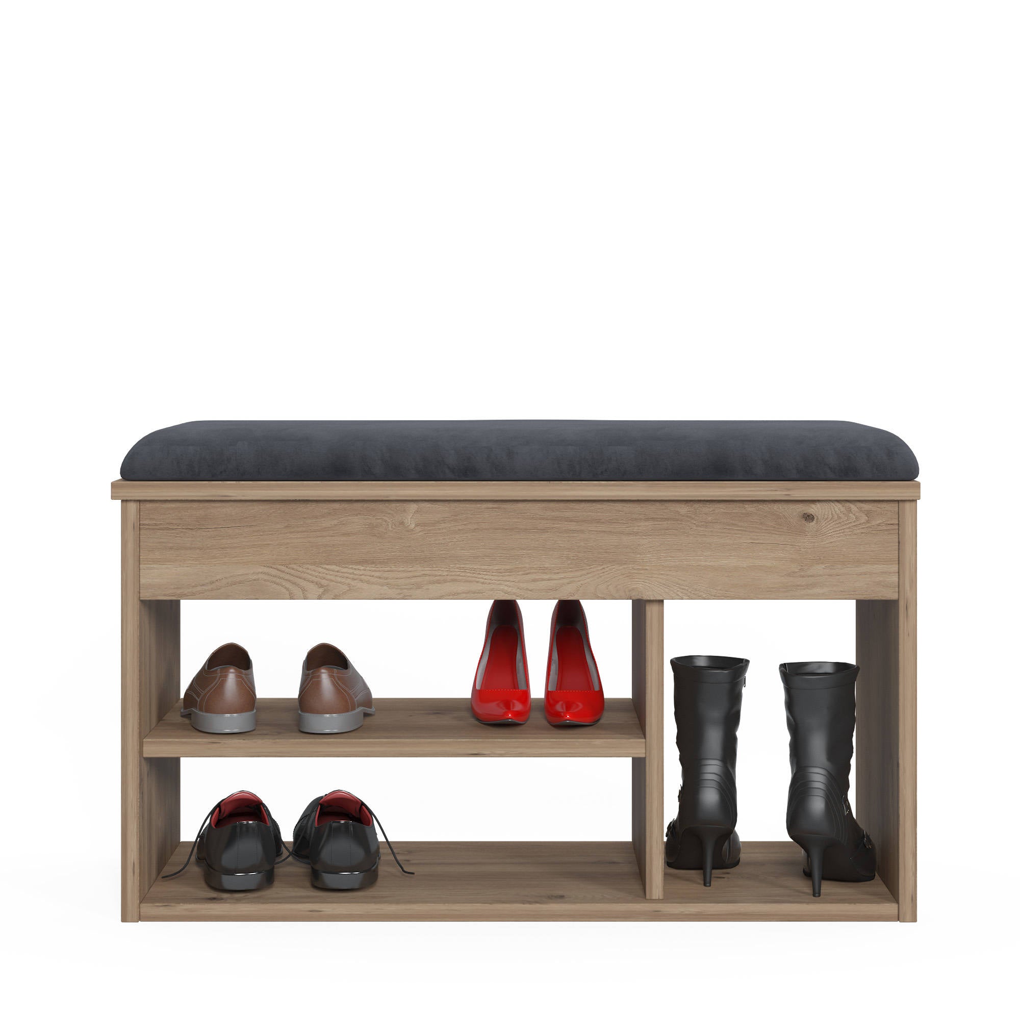 Scarpiera con seduta e 0, cm 80 x 31 x 46, colore quercia