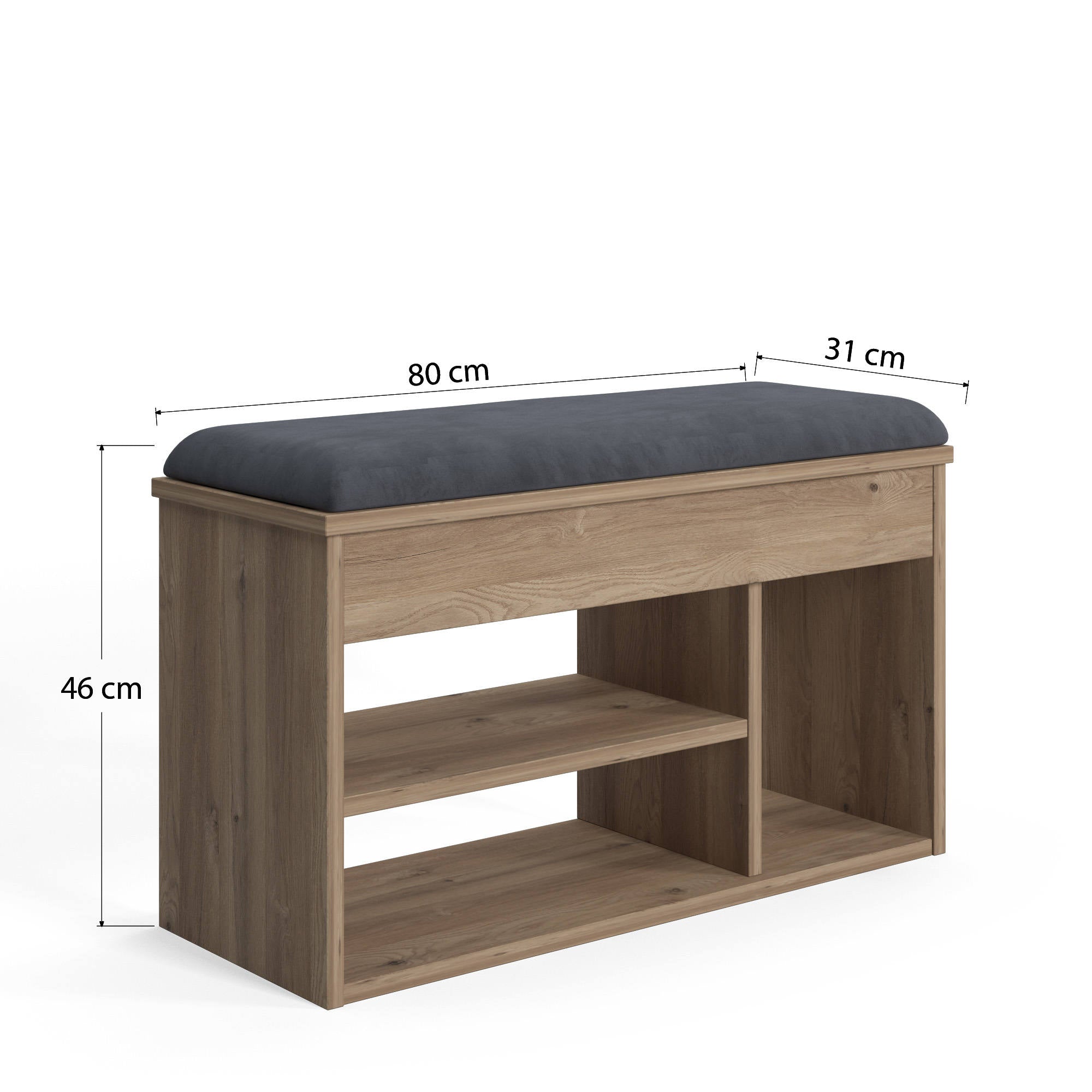 Scarpiera con seduta e 0, cm 80 x 31 x 46, colore quercia