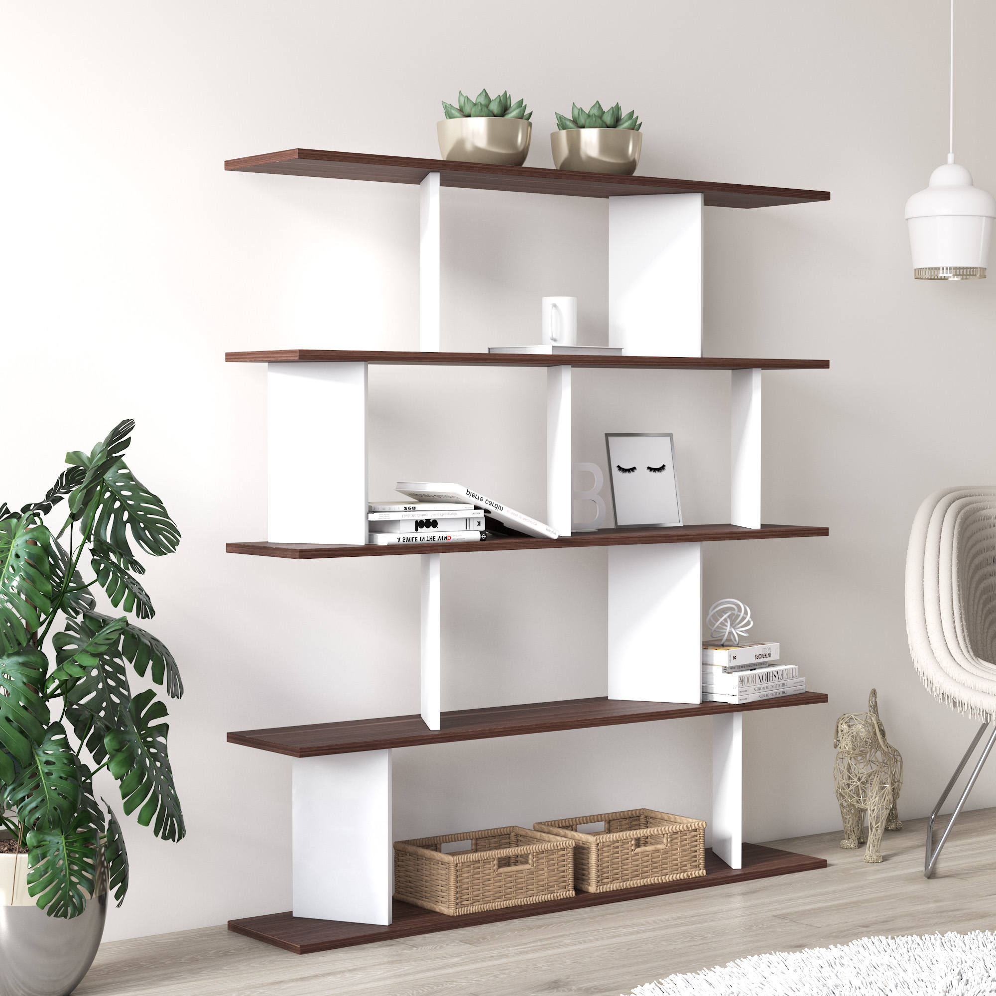 Libreria a quattro ripiani con 0, cm 130 x 25 x 141, colore bianco e quercia