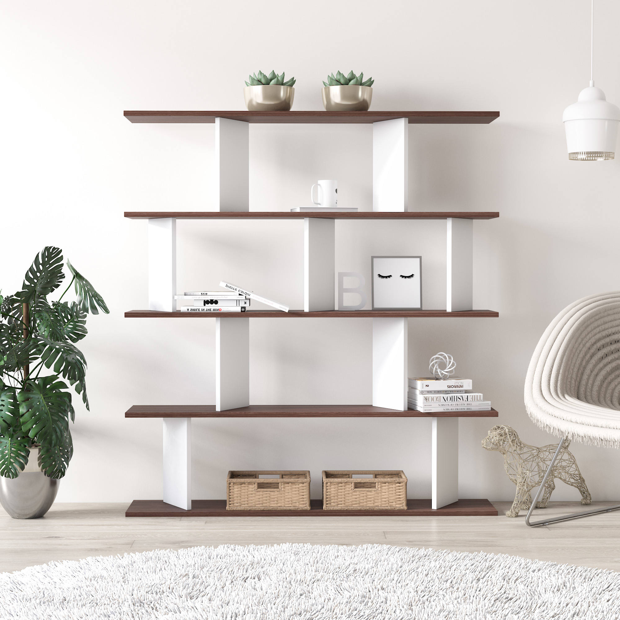 Libreria a quattro ripiani con 0, cm 130 x 25 x 141, colore bianco e quercia