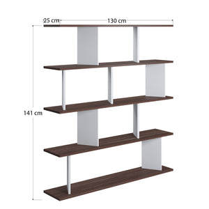 Libreria a quattro ripiani con 0, cm 130 x 25 x 141, colore bianco e quercia