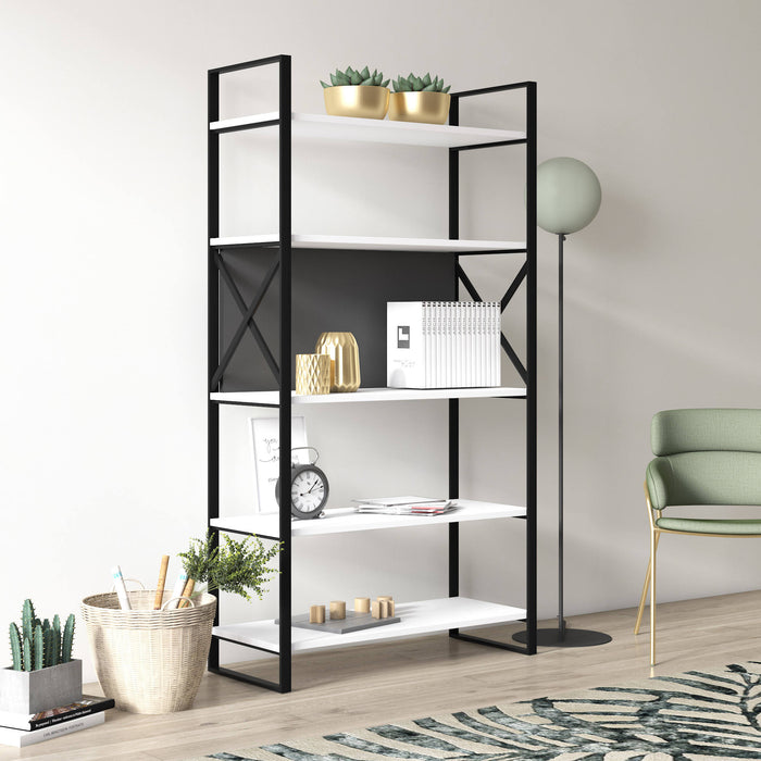 Libreria con cinque ripiani sviluppata in 0, cm 86 x 35 x 160, colore bianco e antracite