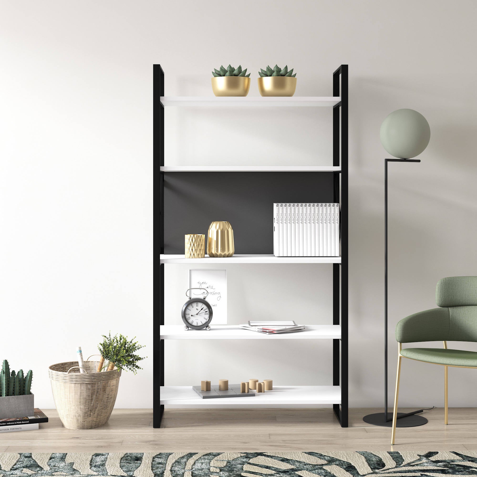 Libreria con cinque ripiani sviluppata in 0, cm 86 x 35 x 160, colore bianco e antracite