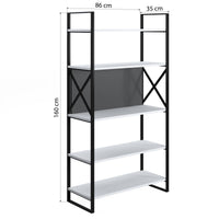 Libreria con cinque ripiani sviluppata in 0, cm 86 x 35 x 160, colore bianco e antracite