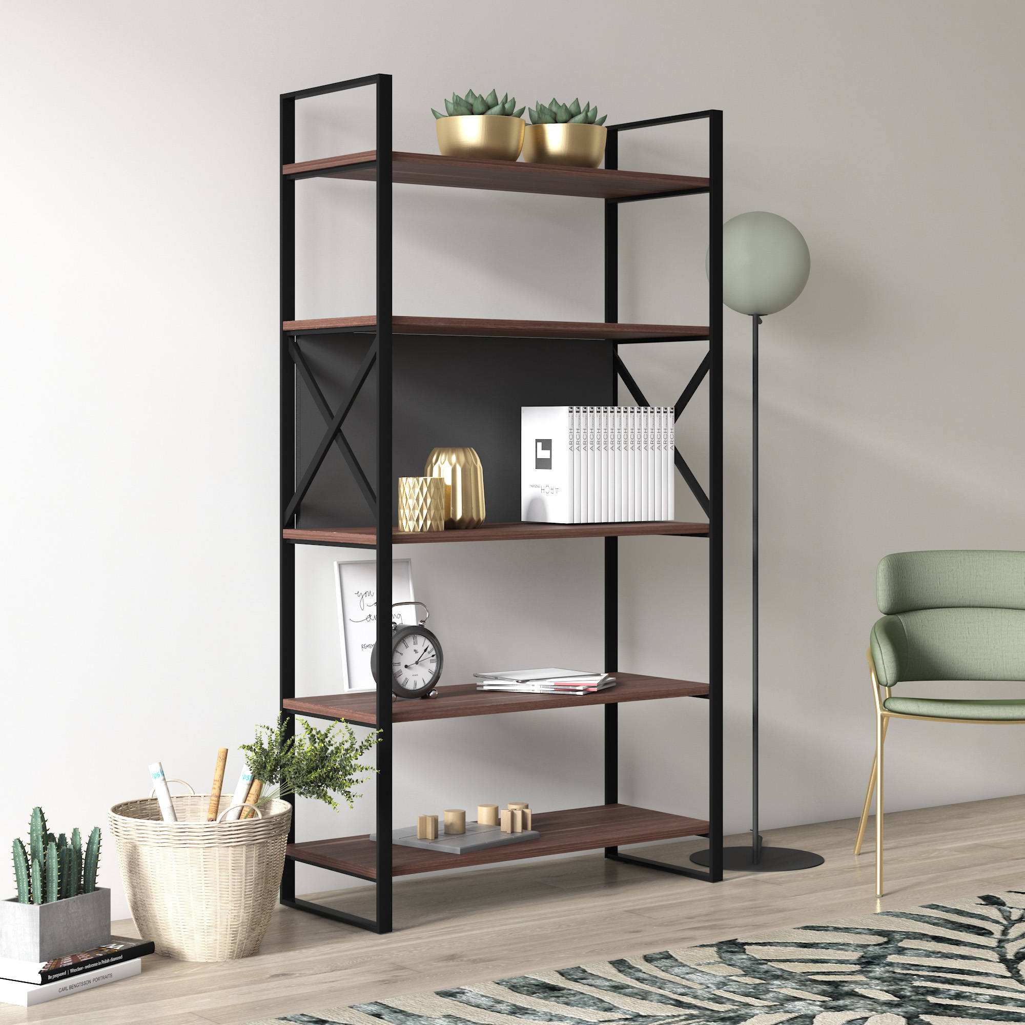 Libreria con cinque ripiani sviluppata in 0, cm 86 x 35 x 160, colore noce e antracite