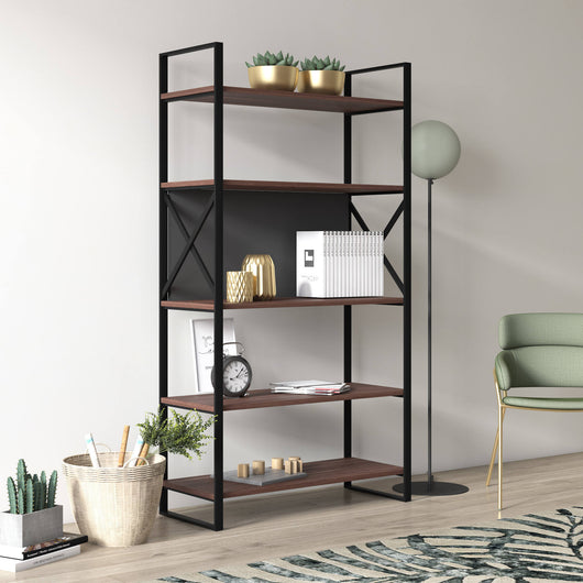 Libreria con cinque ripiani sviluppata in 0, cm 86 x 35 x 160, colore noce e antracite
