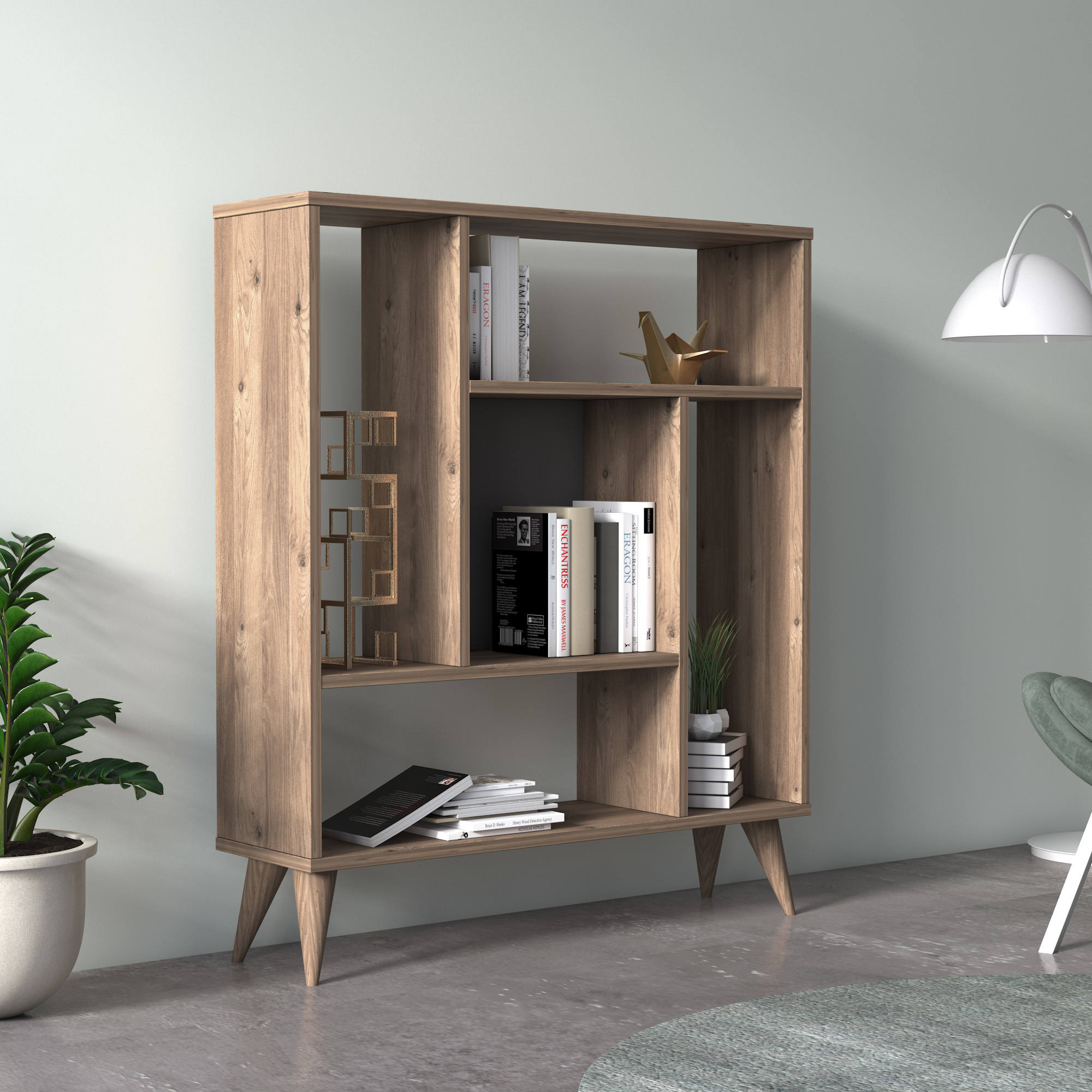 Libreria con cinque 0, cm 90 x 25 x 105, colore quercia