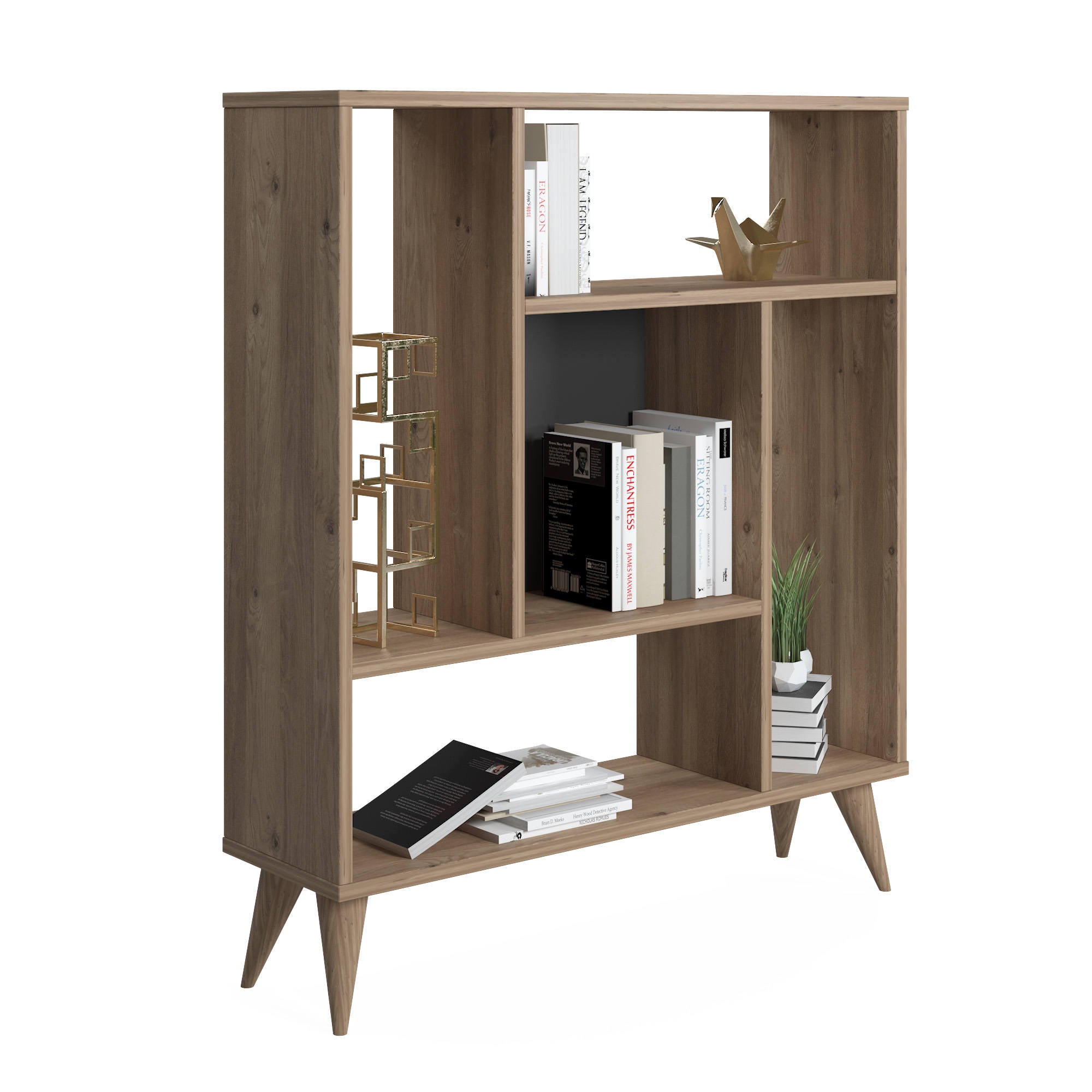 Libreria con cinque 0, cm 90 x 25 x 105, colore quercia