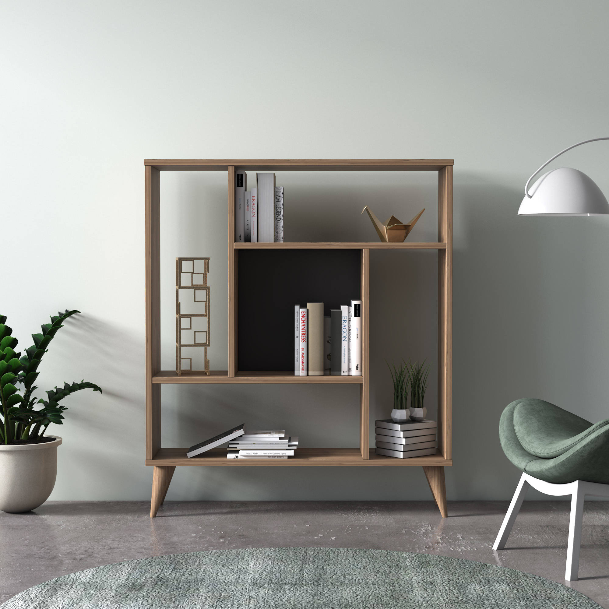 Libreria con cinque 0, cm 90 x 25 x 105, colore quercia