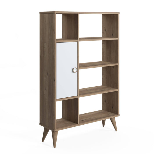 Libreria essenziale con sei scomparti aperti e un'anta 0, cm 80 x 25 x 121, colore quercia con dettaglio bianco