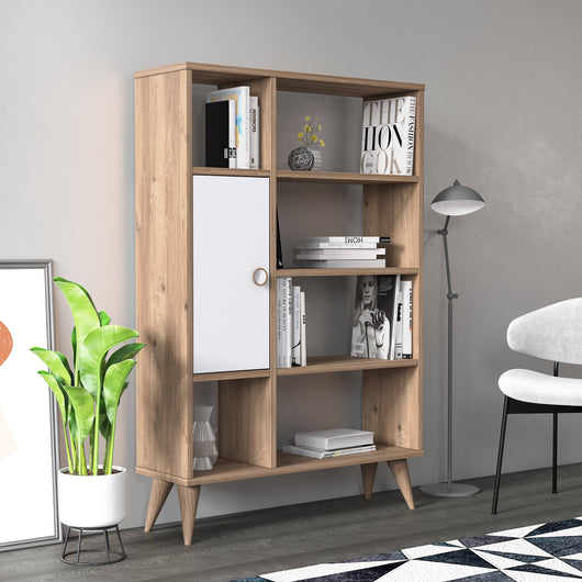 Libreria essenziale con sei scomparti aperti e un'anta 0, cm 80 x 25 x 121, colore quercia con dettaglio bianco