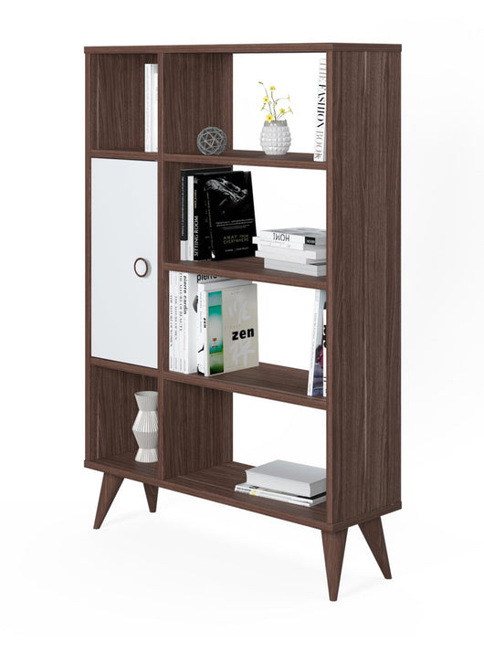 Libreria essenziale con sei scomparti aperti e un'anta 0, cm 80 x 25 x 121, colore noce con dettaglio bianco