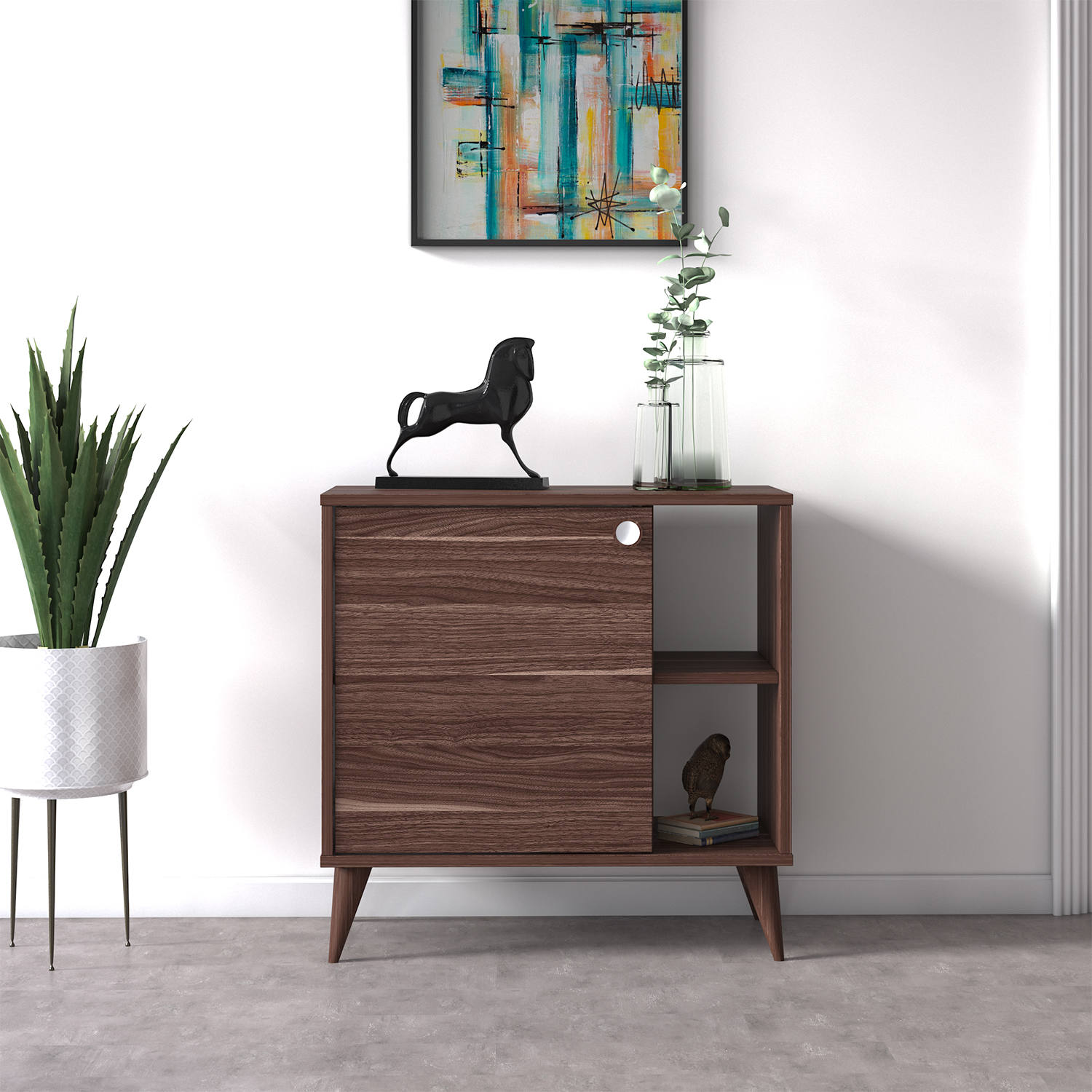 Credenza con un'anta battente e 0, cm 75 x 35 x 74, colore noce
