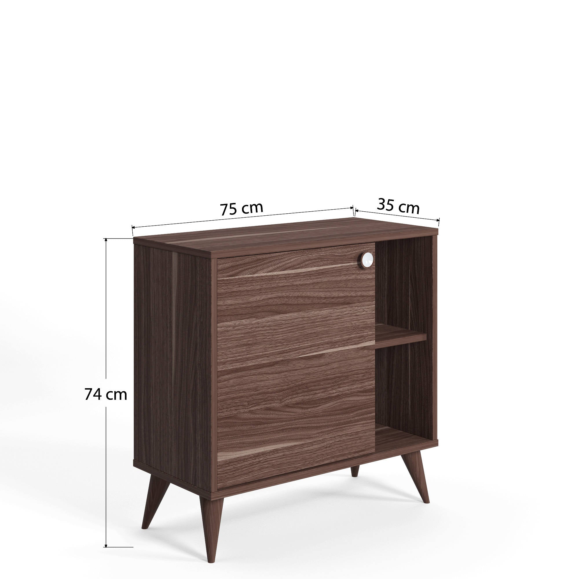 Credenza con un'anta battente e 0, cm 75 x 35 x 74, colore noce