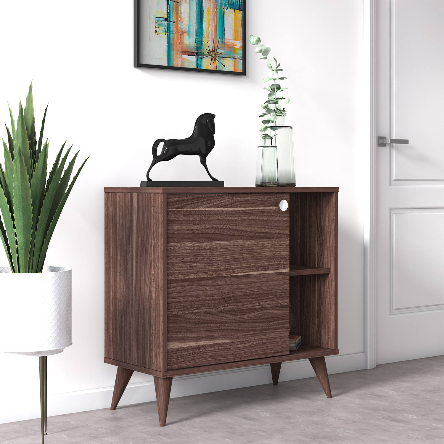 Credenza con un'anta battente e 0, cm 75 x 35 x 74, colore noce