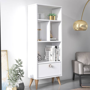 Libreria con quattro scomparti aperti e un 0, cm 52 x 25 x 131, colore bianco