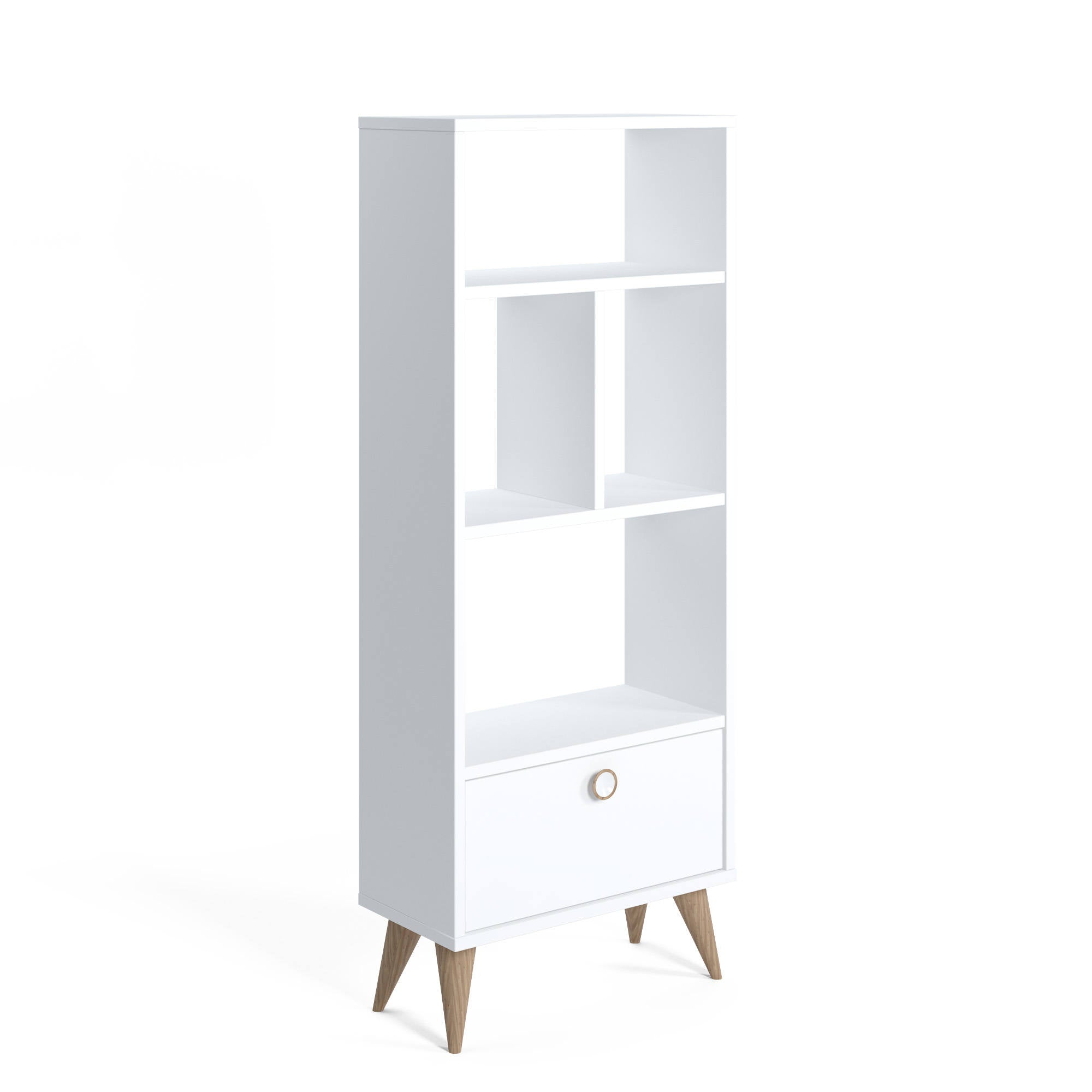 Libreria con quattro scomparti aperti e un 0, cm 52 x 25 x 131, colore bianco