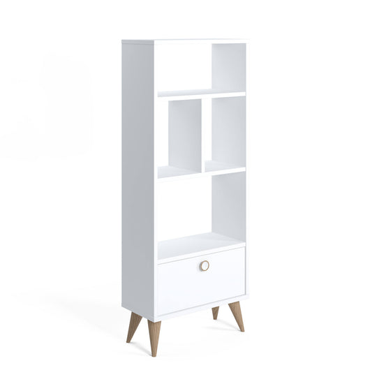 Libreria con quattro scomparti aperti e un 0, cm 52 x 25 x 131, colore bianco