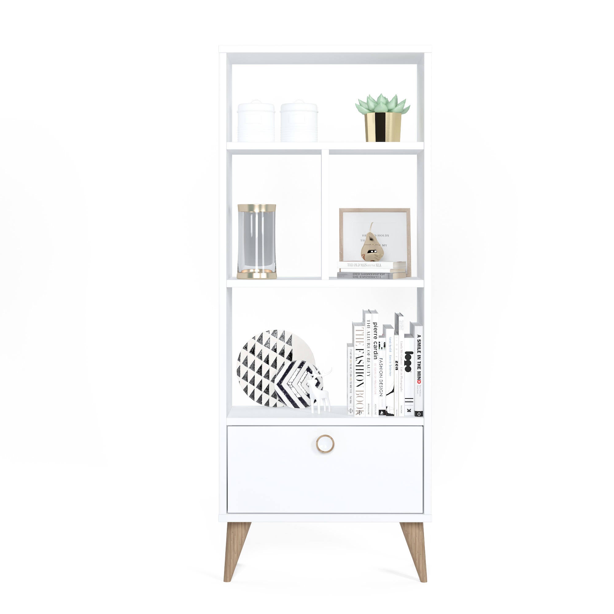 Libreria con quattro scomparti aperti e un 0, cm 52 x 25 x 131, colore bianco