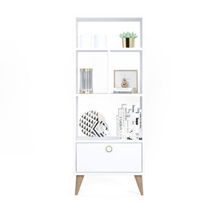 Libreria con quattro scomparti aperti e un 0, cm 52 x 25 x 131, colore bianco
