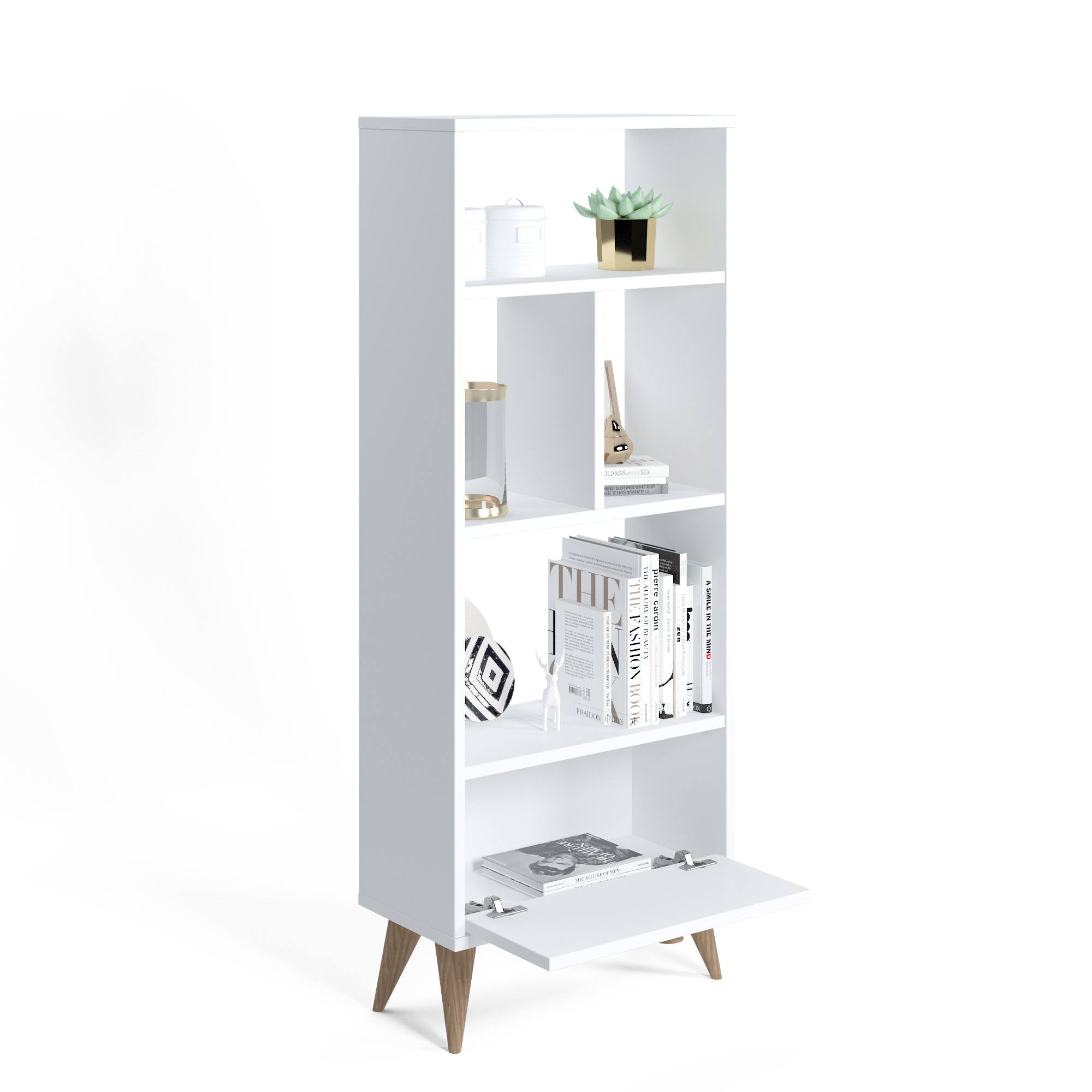 Libreria con quattro scomparti aperti e un 0, cm 52 x 25 x 131, colore bianco