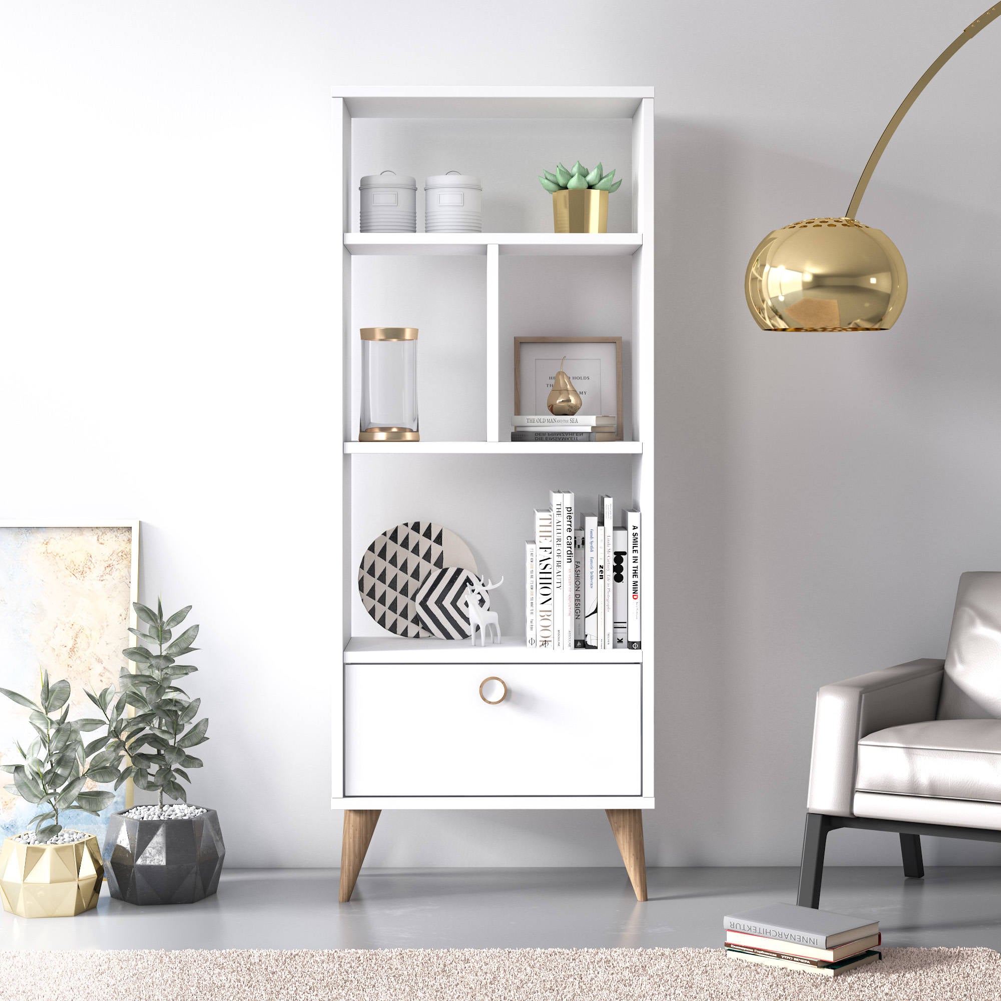 Libreria con quattro scomparti aperti e un 0, cm 52 x 25 x 131, colore bianco