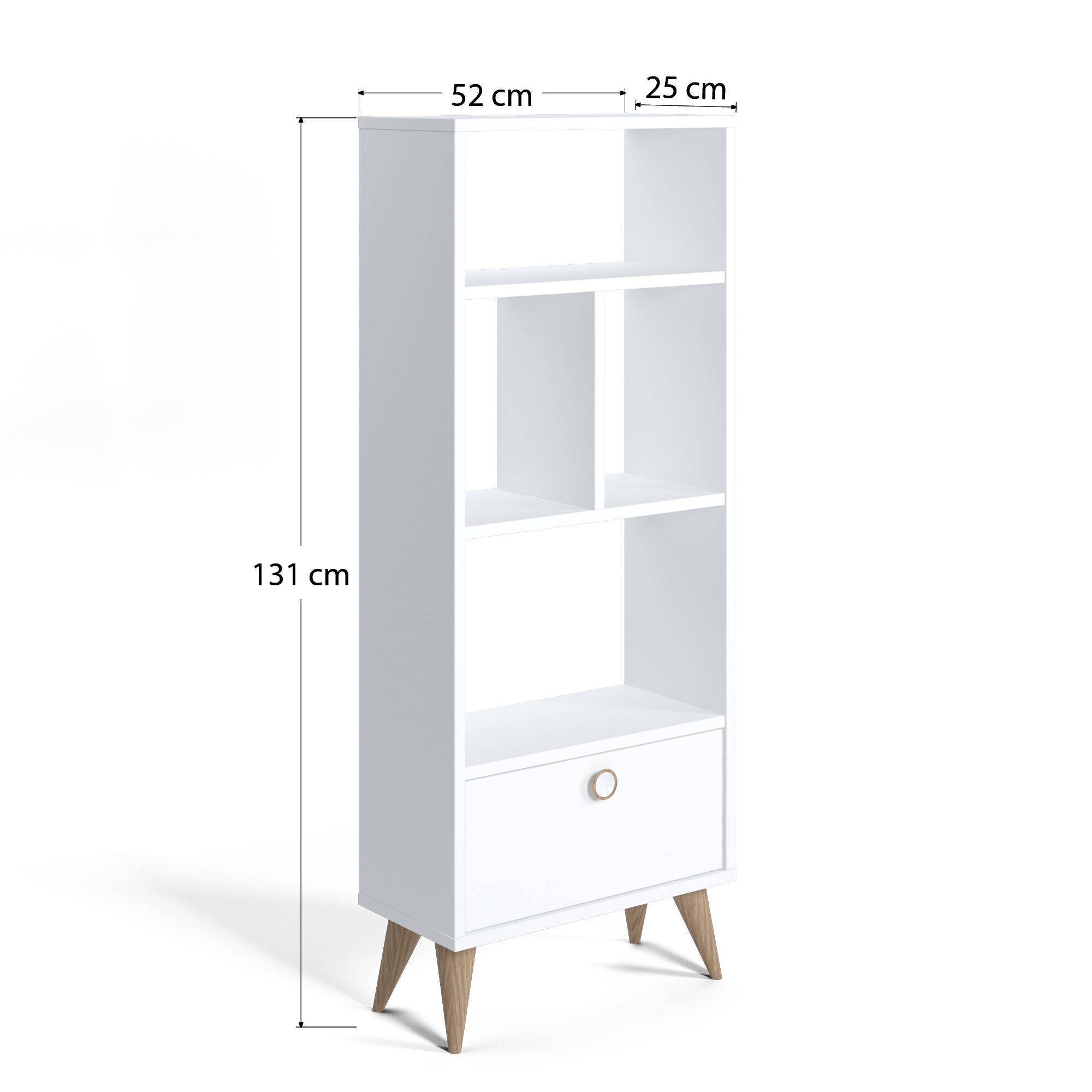 Libreria con quattro scomparti aperti e un 0, cm 52 x 25 x 131, colore bianco