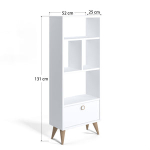 Libreria con quattro scomparti aperti e un 0, cm 52 x 25 x 131, colore bianco