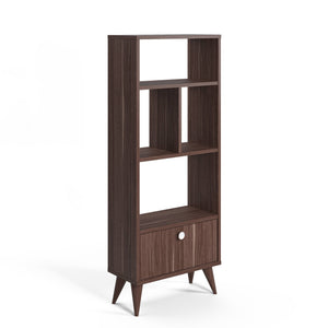 Libreria con quattro scomparti aperti e un 0, cm 52 x 25 x 131, colore noce