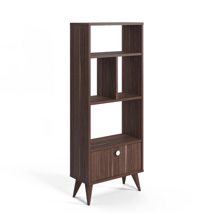 Libreria con quattro scomparti aperti e un 0, cm 52 x 25 x 131, colore noce