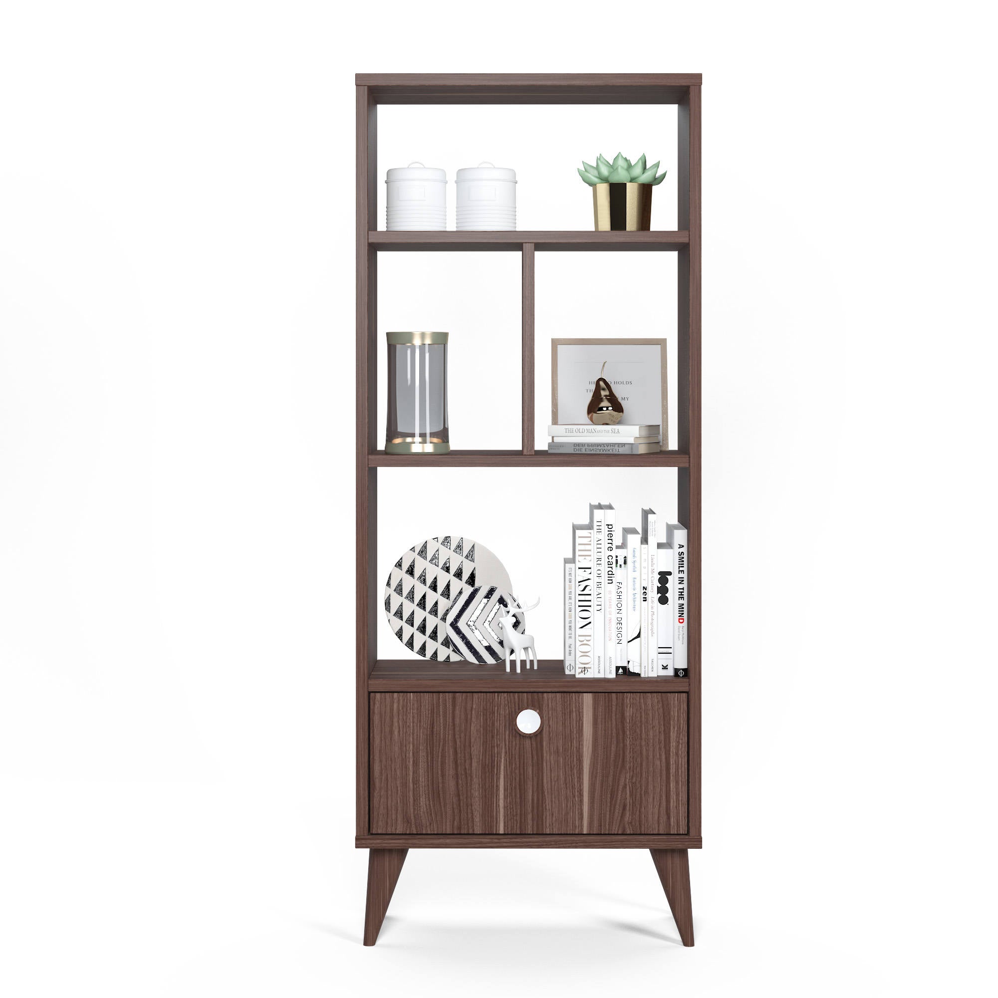 Libreria con quattro scomparti aperti e un 0, cm 52 x 25 x 131, colore noce