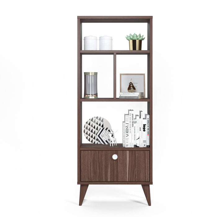 Libreria con quattro scomparti aperti e un 0, cm 52 x 25 x 131, colore noce