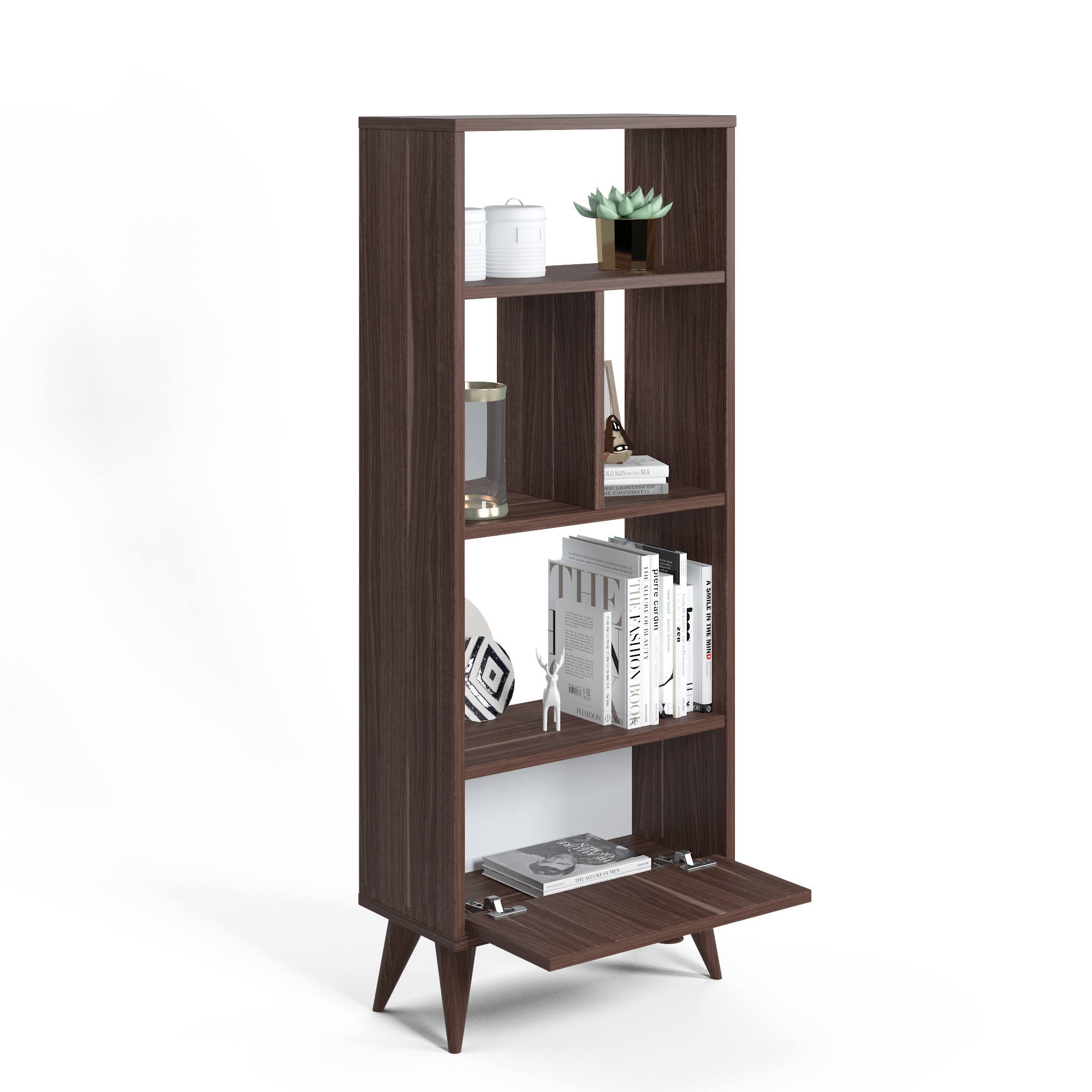 Libreria con quattro scomparti aperti e un 0, cm 52 x 25 x 131, colore noce