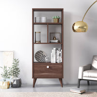 Libreria con quattro scomparti aperti e un 0, cm 52 x 25 x 131, colore noce