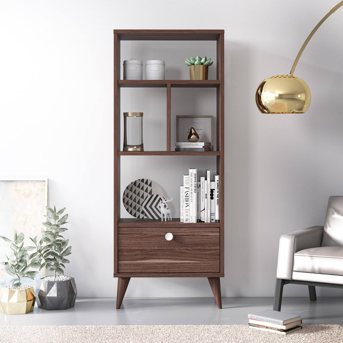 Libreria con quattro scomparti aperti e un 0, cm 52 x 25 x 131, colore noce