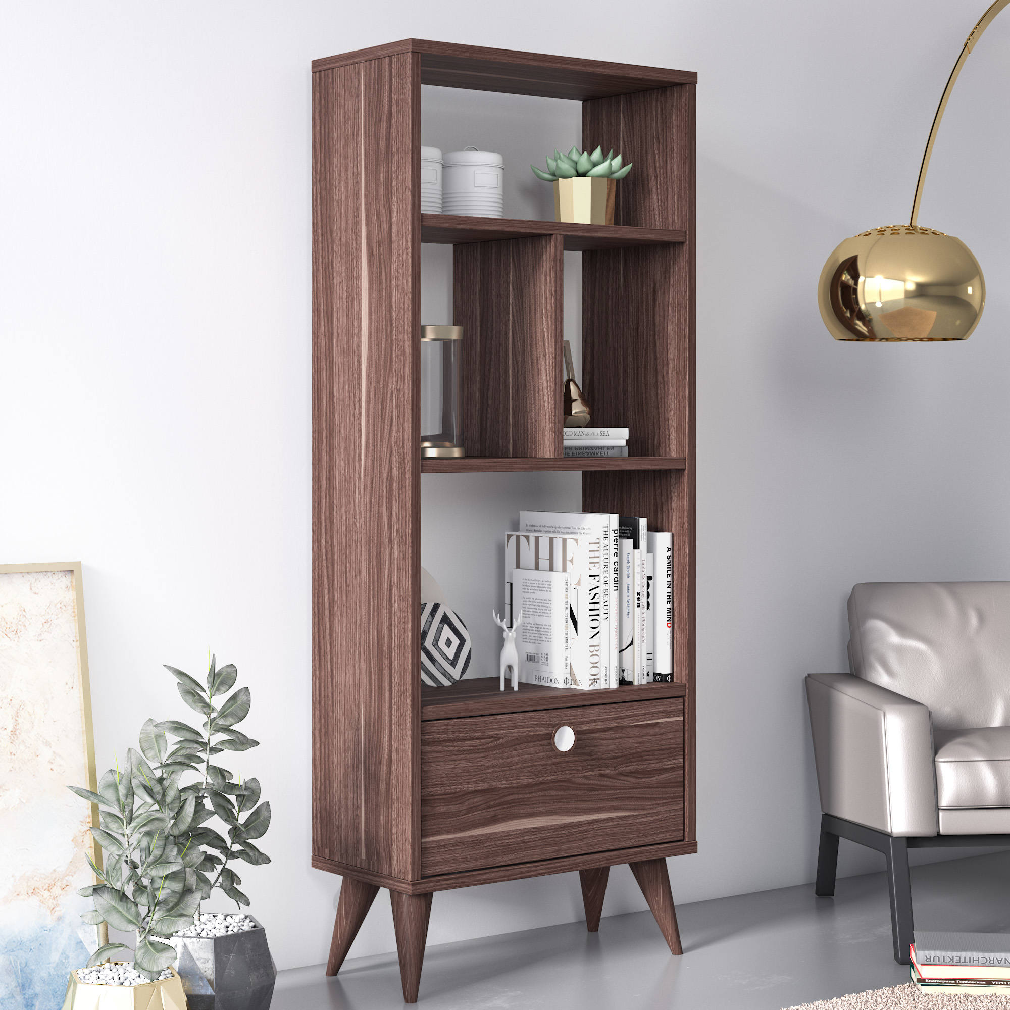 Libreria con quattro scomparti aperti e un 0, cm 52 x 25 x 131, colore noce