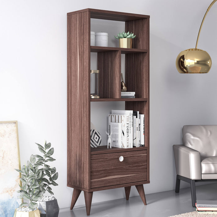 Libreria con quattro scomparti aperti e un 0, cm 52 x 25 x 131, colore noce