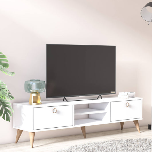 Mobile da soggiorno porta TV con due antine e due vani 0, cm 152 x 35 x 40, colore bianco