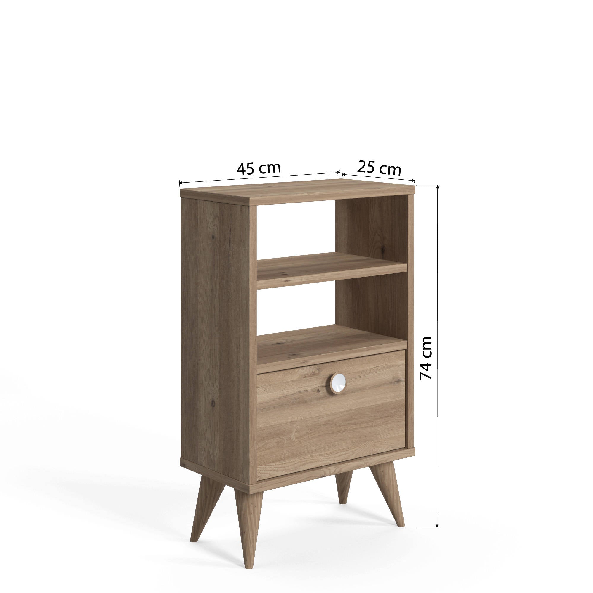 Comodino con un'anta e due 0, cm 45 x 25 x 74, colore bianco