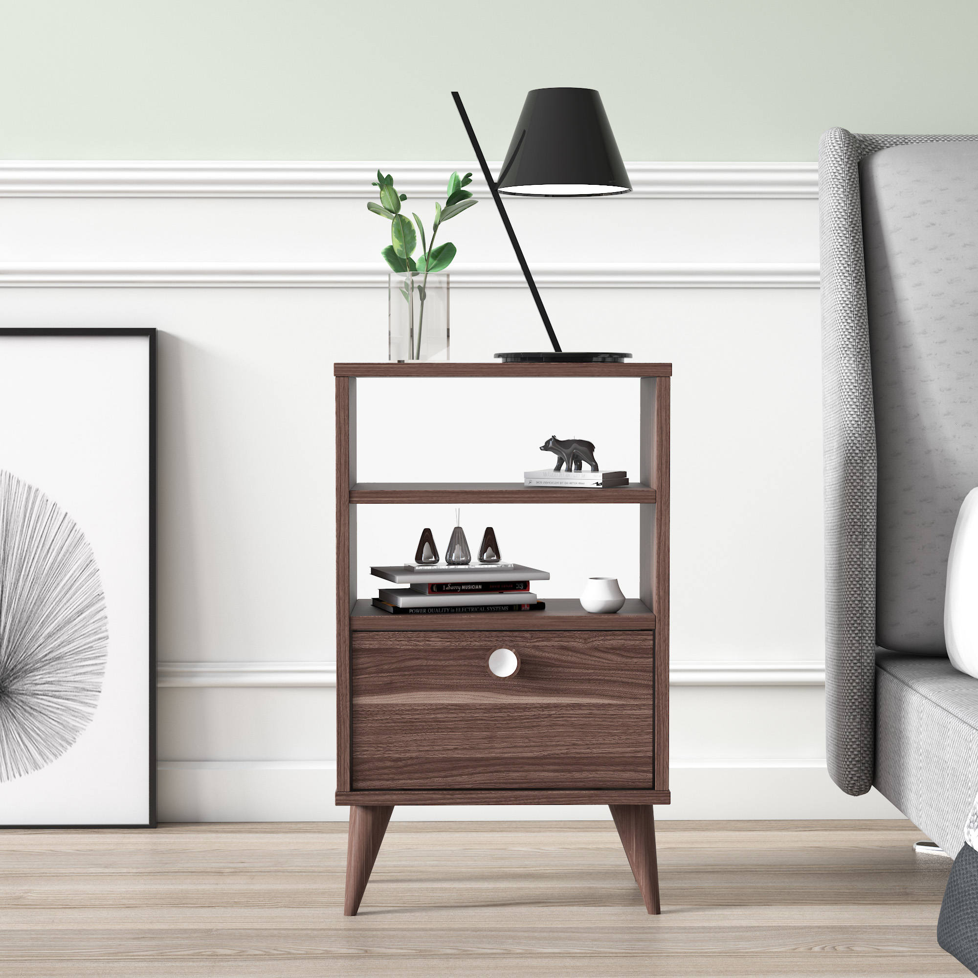 Comodino con un'anta e due 0, cm 45 x 25 x 74, colore noce