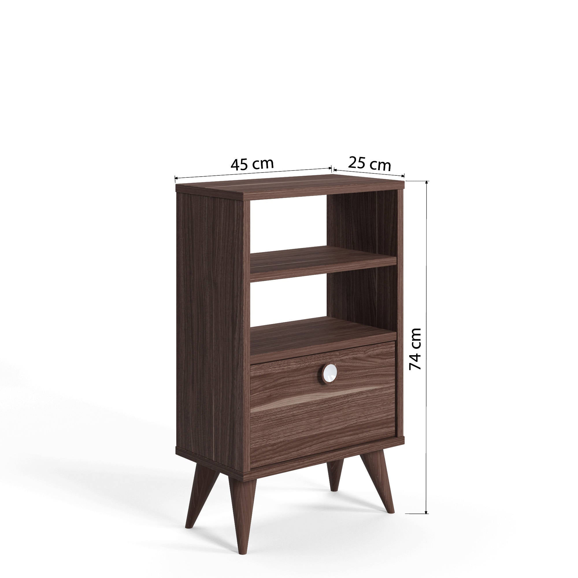 Comodino con un'anta e due 0, cm 45 x 25 x 74, colore noce